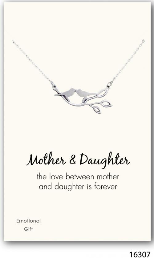 Mother daughter bird kisses silver pendant